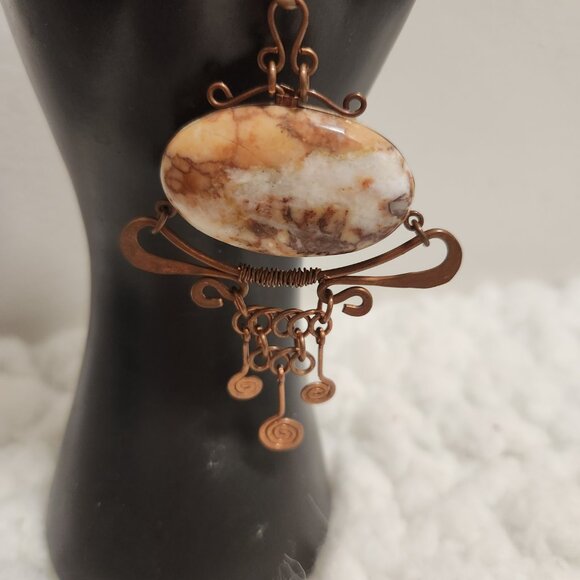 Gemstone Marble Oval Pendant Necklace – Copper Tone on Black Rope, Boho - Picture 10 of 11